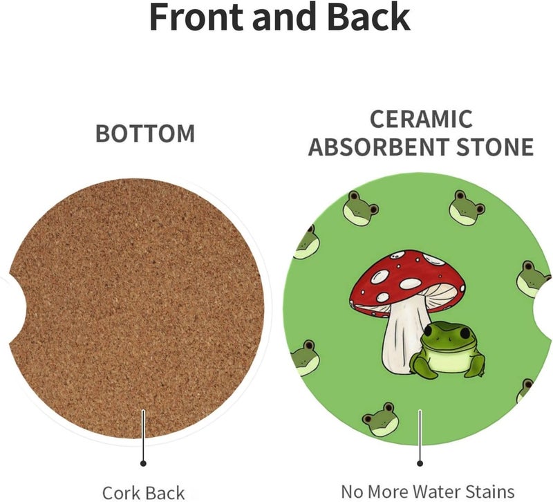GACCAP Car Coasters for Cup Holders, 2 Pack Absorbent Ceramics Anti Slip Universal 2.56 Inch Car Cup Coaster for Women Men, Car Interior Accessories - Cute Frog Mushroom - Image 2